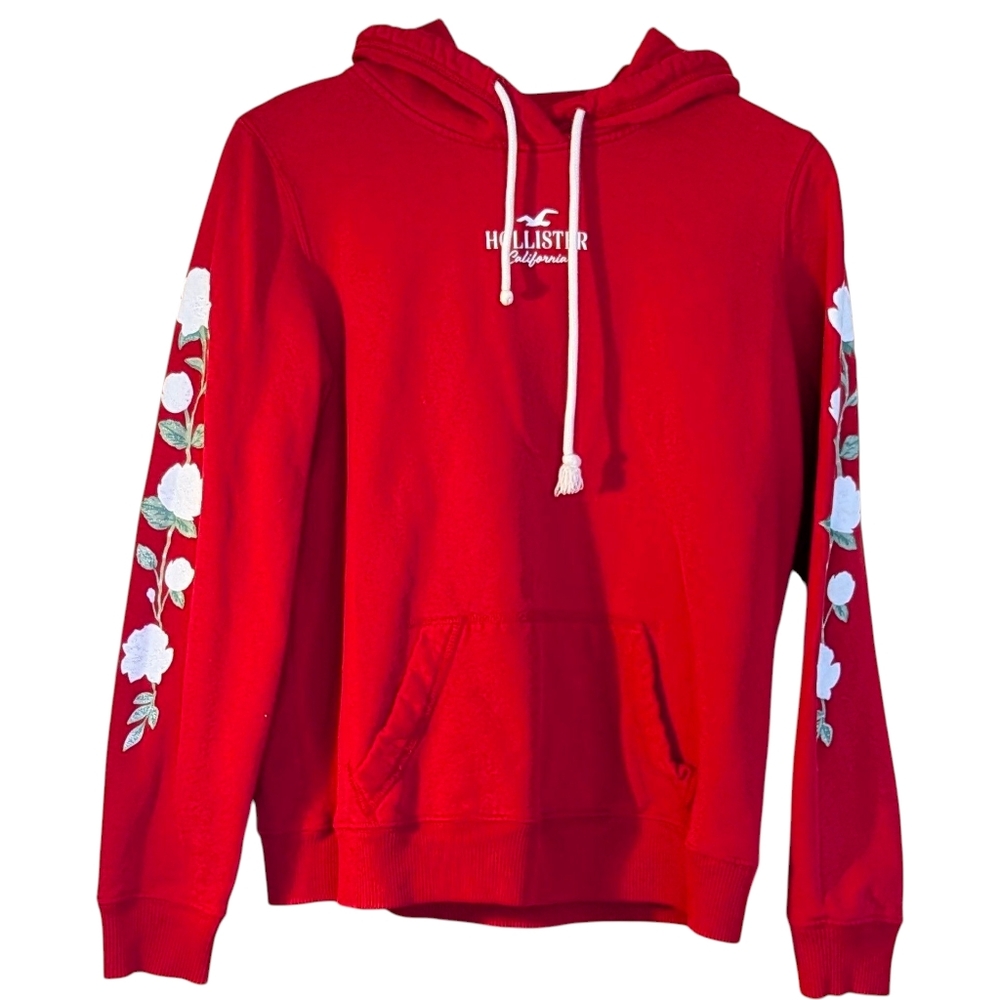 Hollister Vibrant Red Hoodie with White Floral Accents Casual Skater Cozy Y2k